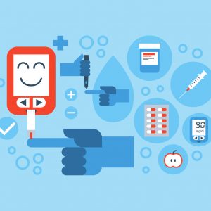 Illustration of diabetes flat design concept with blue ring and icons elements